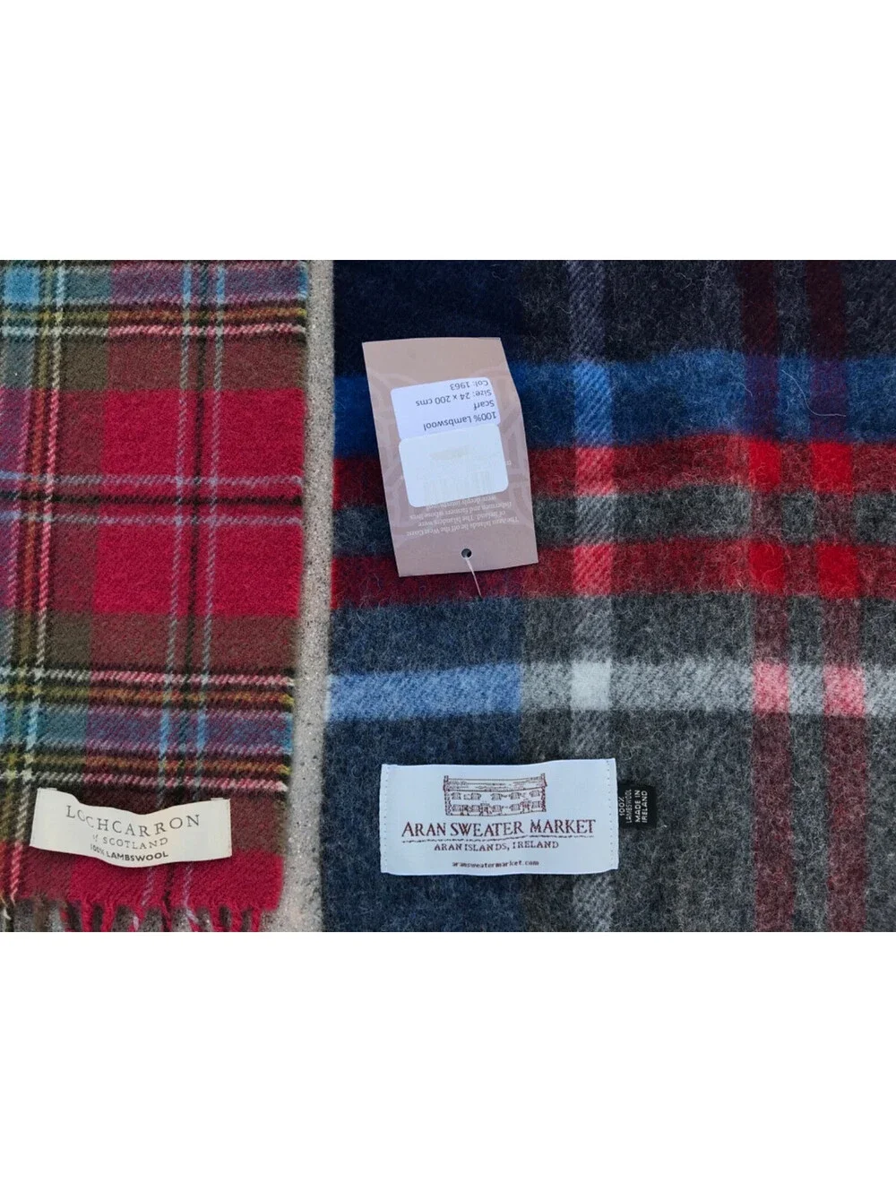 New Aran Islands Ireland Scarf and Used LOCHARRON both 100% Lambswool Plaid 9.5W